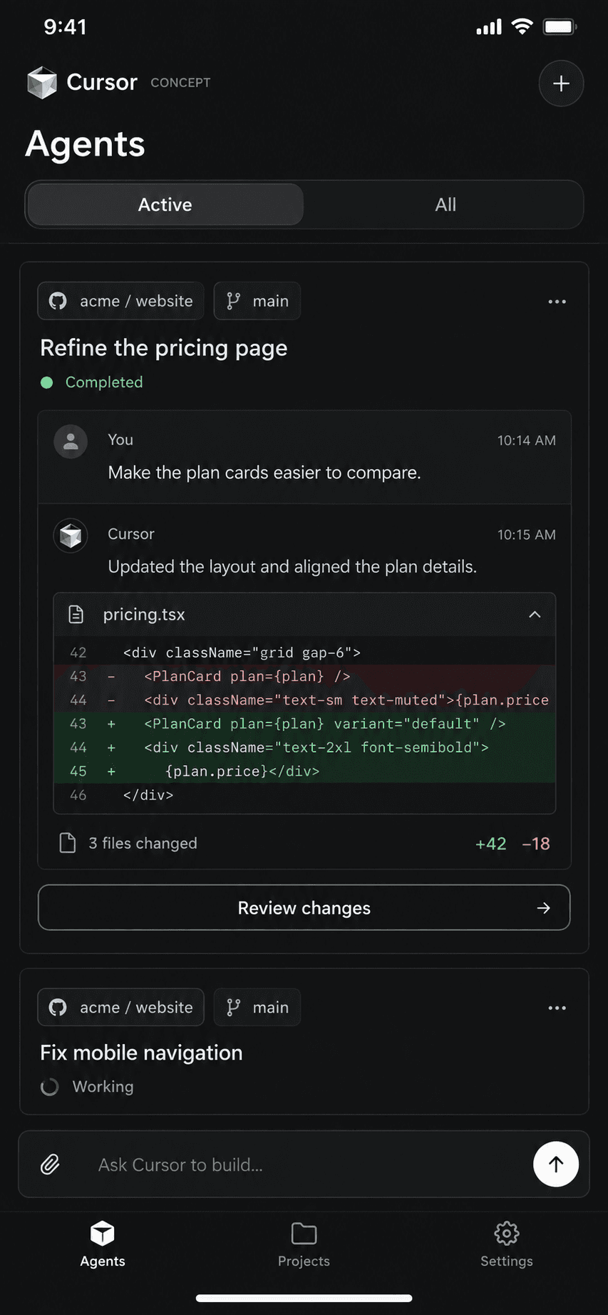 Cursor mobile concept with coding-agent tasks, a code diff and a review changes action