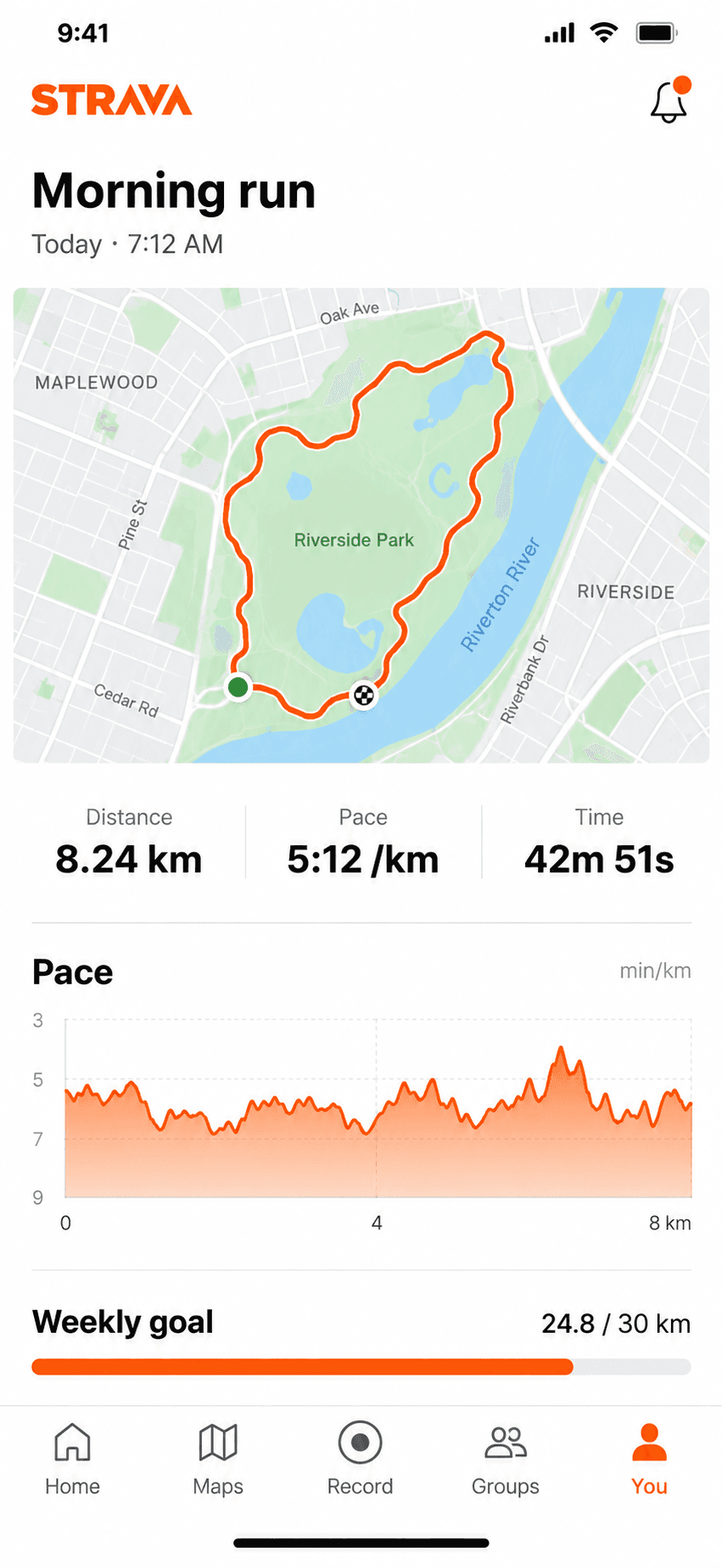 Illustrative Strava-style fitness app concept with a running route, activity statistics and pace chart