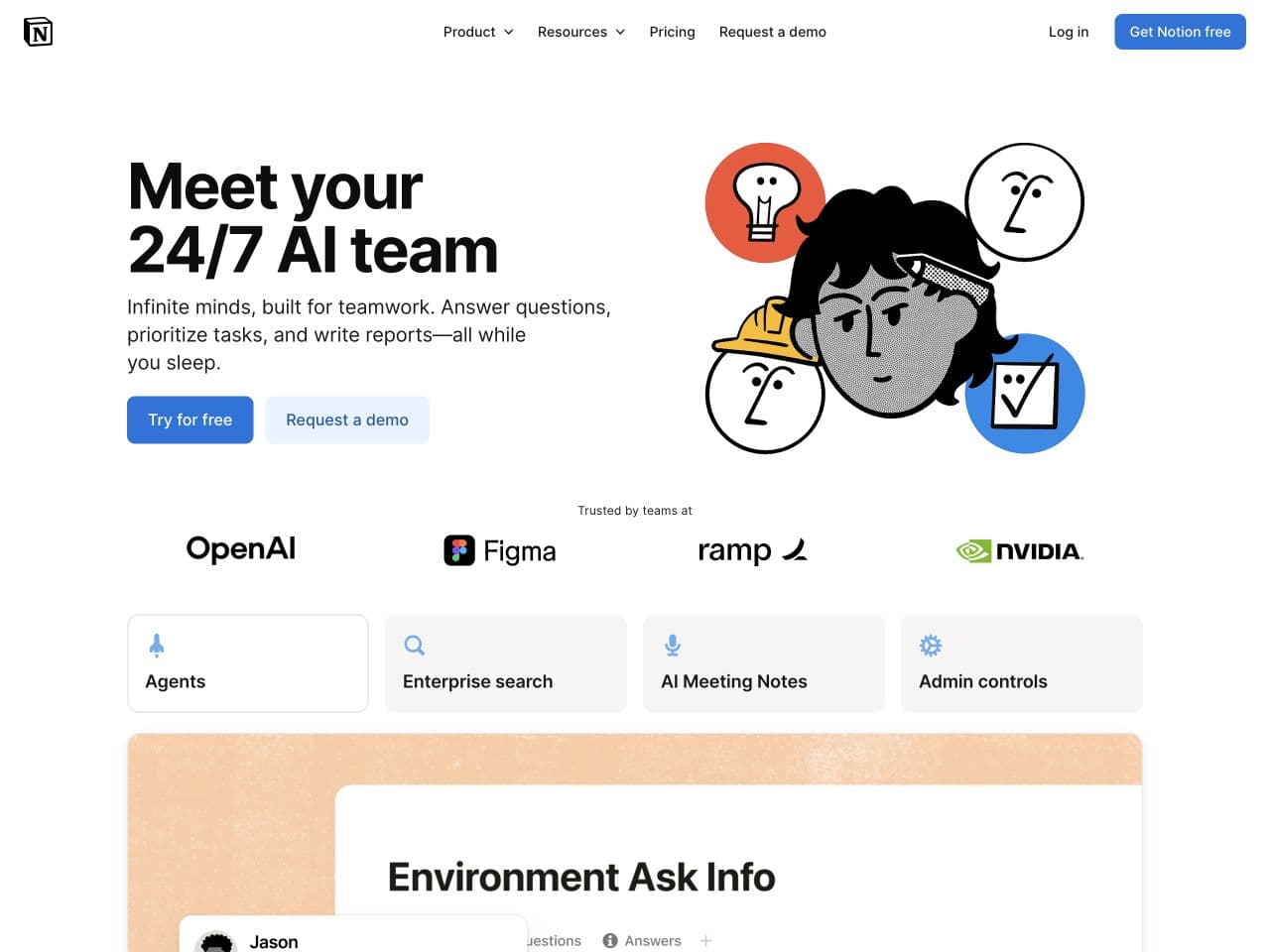 Notion AI website with its cube logo, black-and-white illustration and blue buttons