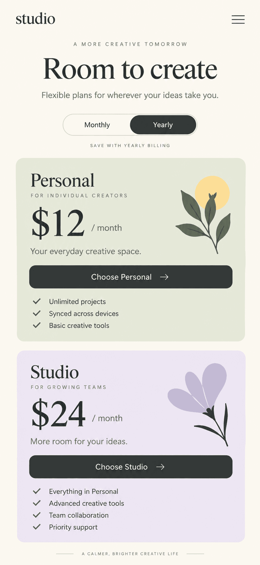 Studio pricing reference with a monthly or yearly toggle and two plan cards