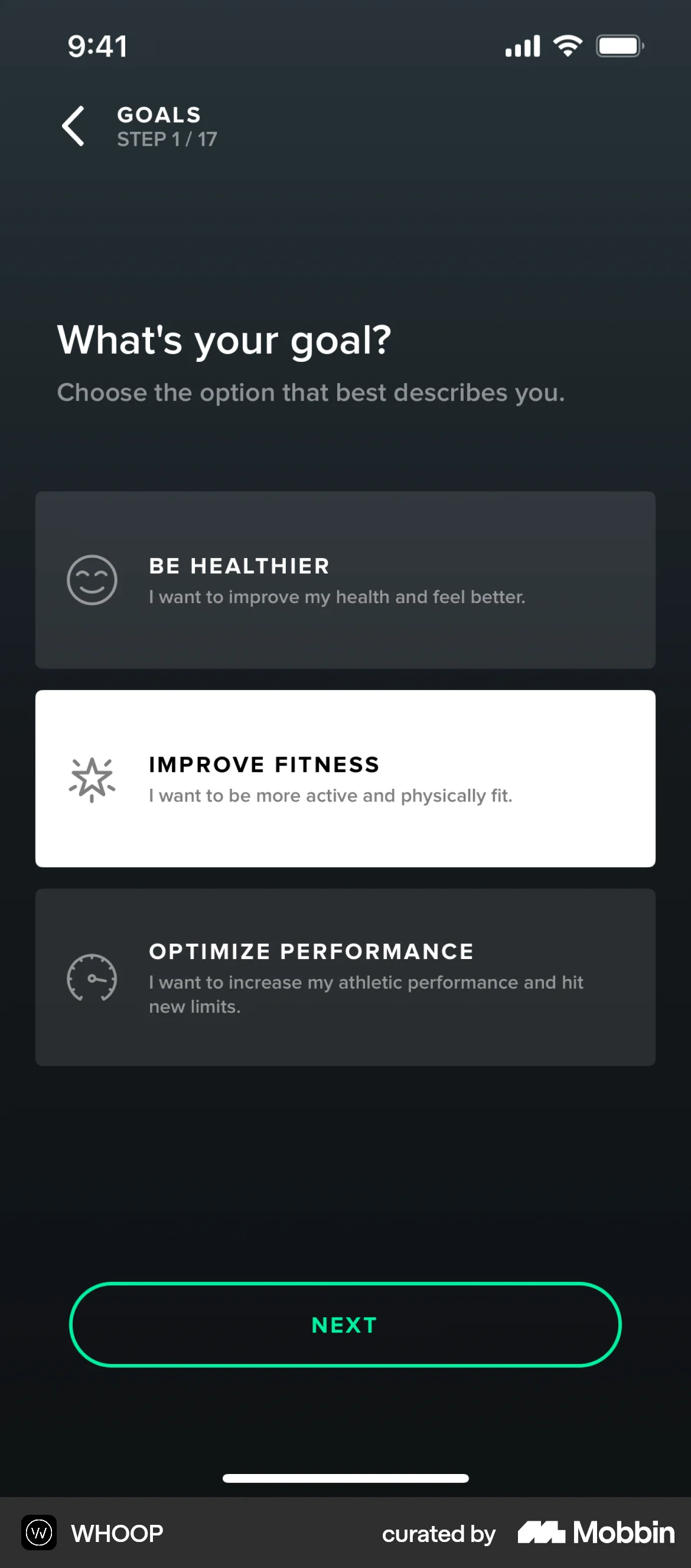 WHOOP onboarding with three fitness goals and Improve fitness selected